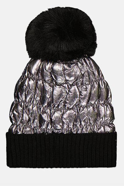 Justin Gregory Women Studded Puffer Beanie With Pom, Black