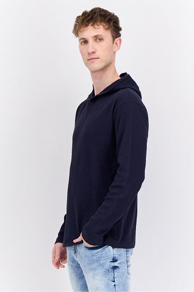 fleece factory Men Hooded Long Sleeves Textured Sweatshirt, Navy Blue