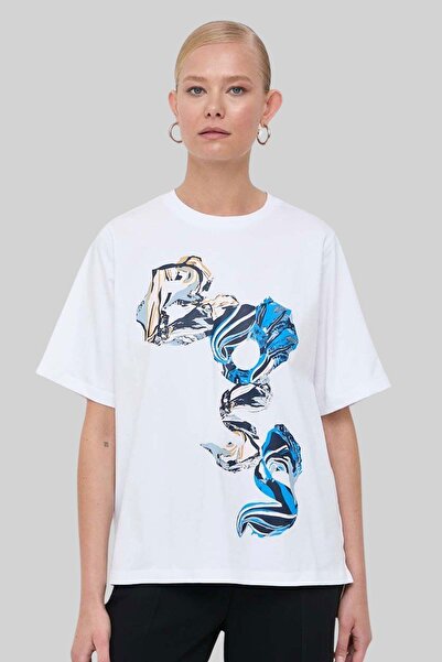 BOSS Kadın Bisiklet Yaka T-shirt Beyaz