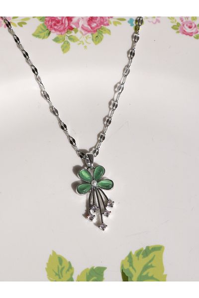 Reorah Collection Green Flower Steel Necklace-Green Flower Clover Steel Necklace