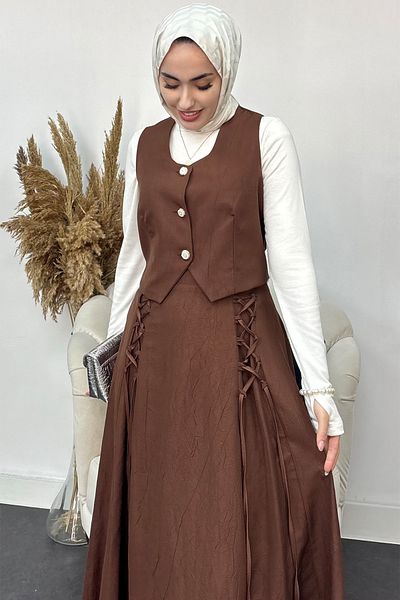Tesettür Diyarı Women's Lizza Fabric Skirt - Double Set with Drawstring Vest - Brown