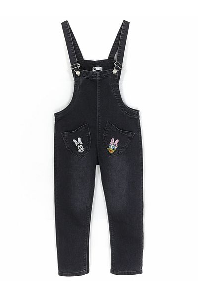 DobaKids Embroidered and Pocketed Black Color Short Leg Girl's Salopet Jumpsuit