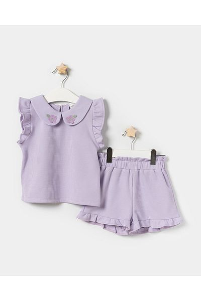 Minipodyum Baby Girl Baby Collared Shorts Summer Waffle Double Set