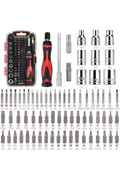 COOYA 73-Piece Magnetic Ratcheting Wrench and Electronics Precision Screwdriver Set, Black, Red, Silver