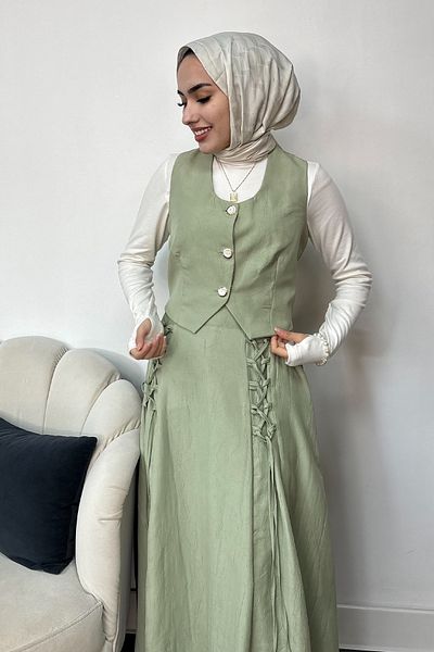 Tesettür Diyarı Women's Lizza Fabric Skirt with Shirred Vest Double Set - Water Green