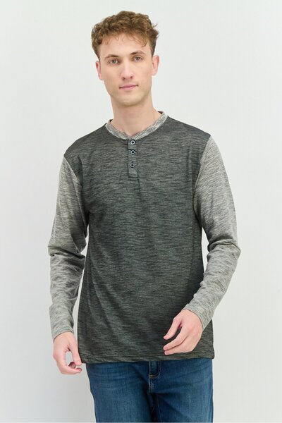 Blue Black Threads Men Henley Neck Heather Long Sleeves T-Shirt, Dark Grey