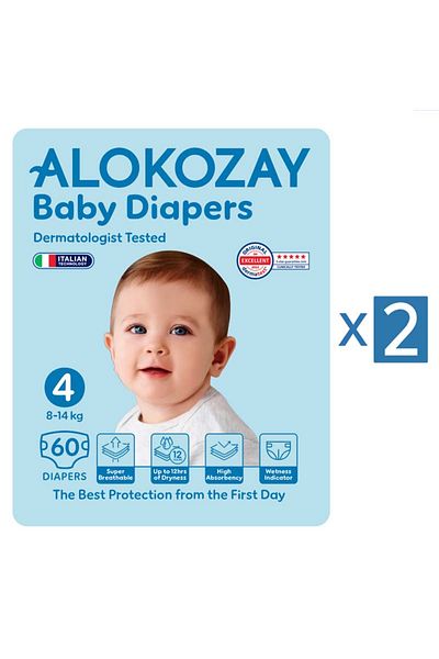 Alokozay Premium Baby Diapers - Size 4 (8-14 Kg) - 60 Diapers X Pack of 2