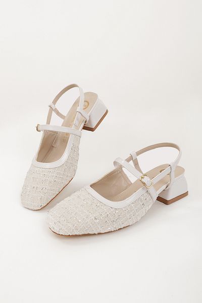Eray Women's White Fabric Back Open Summer Low Heel Shoes
