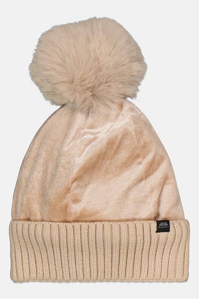 Justin Gregory Women Pom Pom Velvet Knitted Beanie, Cream