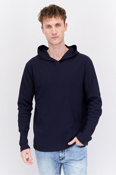 fleece factory Men Hooded Long Sleeves Textured Sweatshirt, Navy Blue
