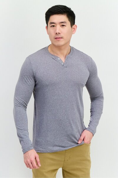 Blue Black Threads Men Henley Neck Heather Long Sleeves T-Shirts, Grey
