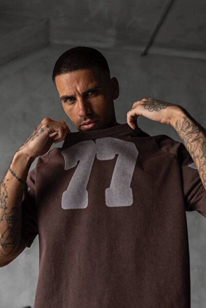 Erkek Yıkamalı 77 Nakışlı Özel Yıkamalı Kumaş Oversize Tshirt