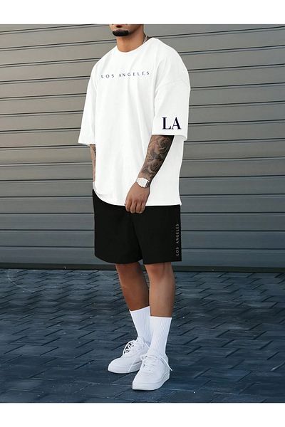 MODASHOT Men's Unisex T-Shirt and Shorts Set - Cotton - Los Angeles Printed Tshirt - Oversize