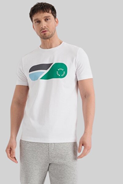 BOSS Desenli Ve Yuvarlak Şekilli Logolu Stretch Pamuk Tişört