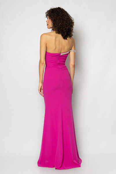 RENGIN Yakası ince taş şeritli straplez krep abiye elbise