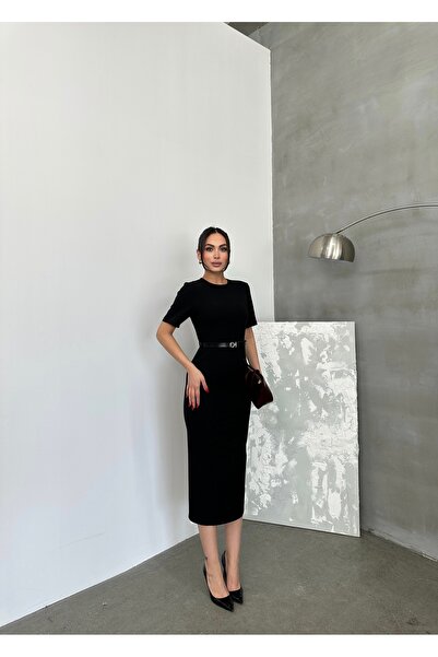 maf collection Kadın Siyah Bisiklet Yaka Kemer Detaylı Kısa Kol Abiye Elbise