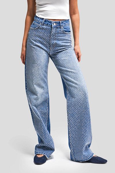 its basic Blugi de damă de culoare albastră T3-2S5-4, piatră strălucitoare, cu talie înaltă, 100% bumbac, design denim