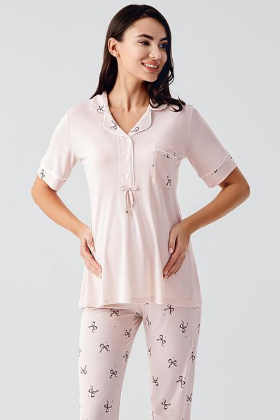 Artış Bow Patterned Buttoned Short Sleeve Stretchy Viscose Maternity Pajama Set