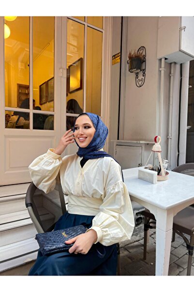 Molly Nelly Women's Cream Shirt Navy Blue Skirt Suit