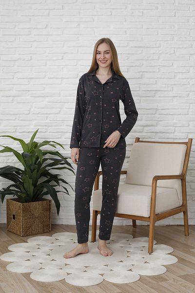 FAMES PİJAMA Uzunkol Buttoned Combed Cotton Pajama Set with Hearts