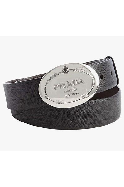 Prada Sport 男士黑色 Saffiano 皮革雕刻椭圆形牌扣皮带