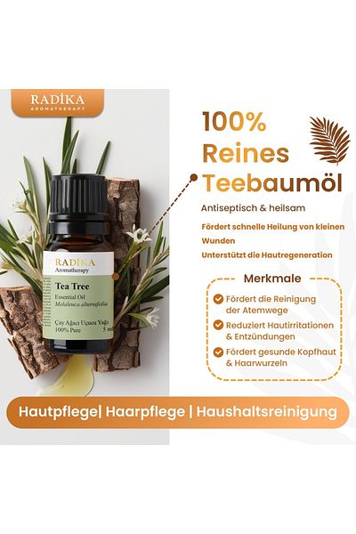 Radika Aromatherapy Teebaumöl, Ätherisches Öl, 100% Rein, Bio, Natürlich, 10 ml