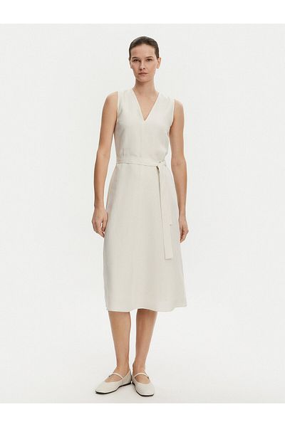 Calvin Klein Women's Above Knee V Neck Sleeveless Waist Belt Tie Beige Dress K20K 208424 -Ada