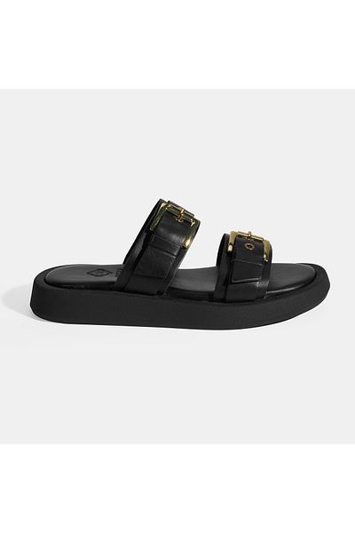 Desa Women's Black Buckle Detailed Leather Slippers