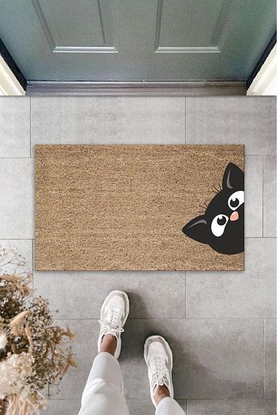 None Digital Printing Brown Side Facing Black Cat Decorative Door Mat K-2018
