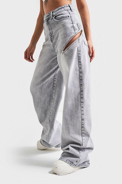 its basic Γυναικείο γκρι χρώμα 4S5-12 Palazzo Fit Loose Cut 100% βαμβακερό φερμουάρ Λεπτομερές σχέδιο τζιν τζιν
