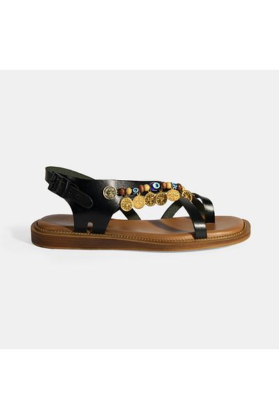 Desa Black Women's Leather Sandals with Buckle Detail and Accessories
