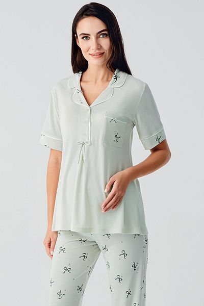 Artış Bow Patterned Buttoned Short Sleeve Stretchy Viscose Maternity Pajama Set