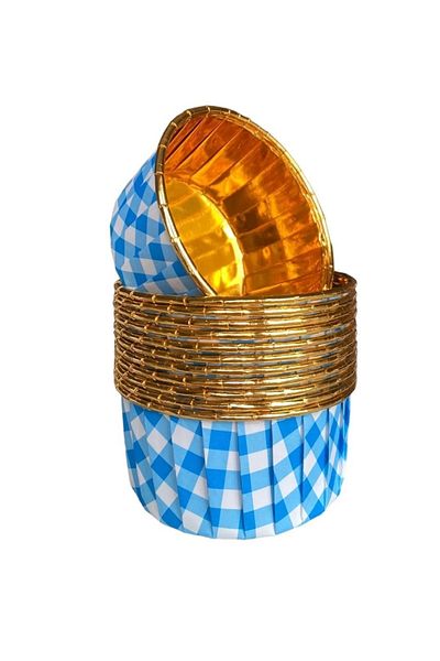 Dolphin Blue Gingham Gold Metallic 25-Piece Baking Muffin Cupcake Cake Mold Container Capsule 6.5x4cm