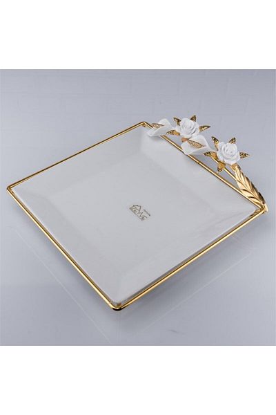 FAIR HOME Porcelain Large Square Presentation Plate with Rose and Calla Lily Detail on Metal Stand – 30X30 cm