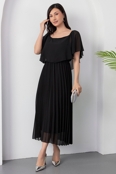 PULLIMM Madonna Yaka Eteği Pliseli Şifon Elbise 2025-4102