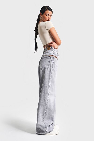 its basic Γυναικείο γκρι χρώμα 4S5-12 Palazzo Fit Loose Cut 100% βαμβακερό φερμουάρ Λεπτομερές σχέδιο τζιν τζιν