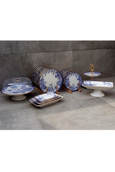Pinkev 19 Piece Ceramic Cake Serving Presentation Plate Set for 6 People