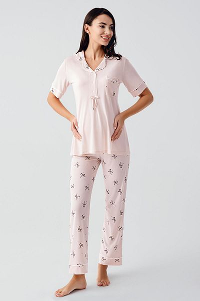 Artış Bow Patterned Buttoned Short Sleeve Stretchy Viscose Maternity Pajama Set