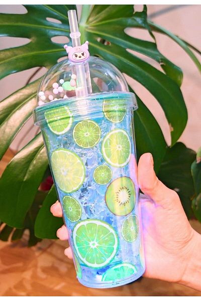 Lexi Bella Straw Drinker Frosted Glass with Led Light Tropical Lemon Kiwi 450ml, Double Layer Mica Drinker 2768
