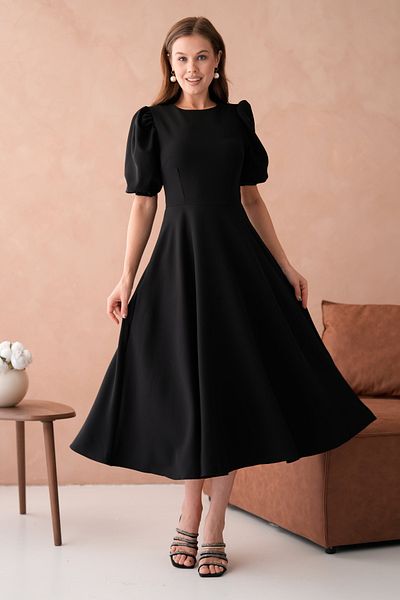 vuvutasarım Rochie midi cu mâneci prințesă, țesătură Atlas neagră, decolteu rotund, 220