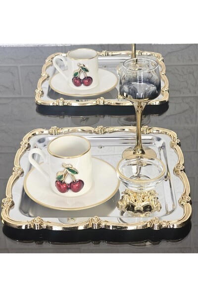 atabey home collection 2 Pcs Presentation Tray & Coffee & Tea Tray - Silver Tray Cast Gold Rose Framed