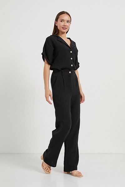 Arma Life Women's Waist Elastic Buttoned Muslin Black Loose Trousers