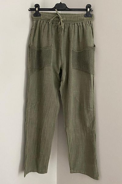 AYASOFYA OTANTIK Women's Khaki Elastic Waist Lace up Mesh Pocket Carrot Linen Trousers