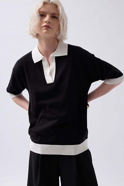 Maxi modena V-Neck Stripe Detail Black and White T-Shirt