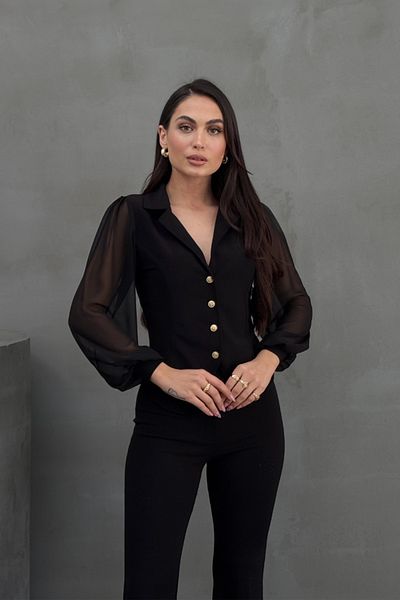 msm fashion Cămașă de damă, cu nasturi, cu mâneci lungi din tul, cu rever, cămașă cu talie