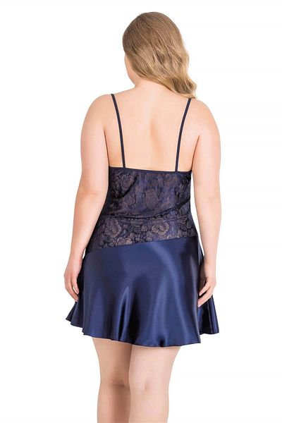 Marsilyan Large Size Dark Blue Short Satin Nightgown