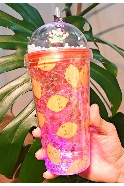 Lexi Bella Led Lighted Character Figure Cute Lemon Themed Water Bottle with Straw Frosted Glass Appearance 450ml Double Layer2768