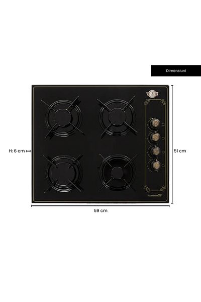 Hausberg Plita Incorporabila Rustica Hausberg HB-575RST, 4 arzatoare, Gaz, 60 cm, Negru