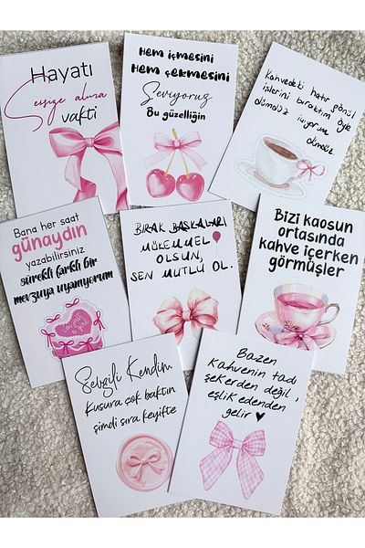 Pankart Evi 8 Pieces Coffee Side Coquette Card Set - Ribbon Motto Panel Décor