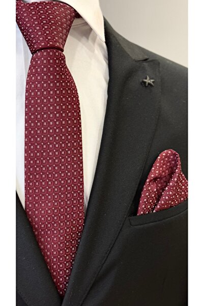 Dearmise Bordo Desenli Hediye Kutulu Premium Kravat & Mendil